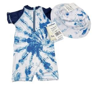 New Beetle & Thread Size 3M Navy Blue Tie Dye Swim Romper and Hat UPF 50+ Boys